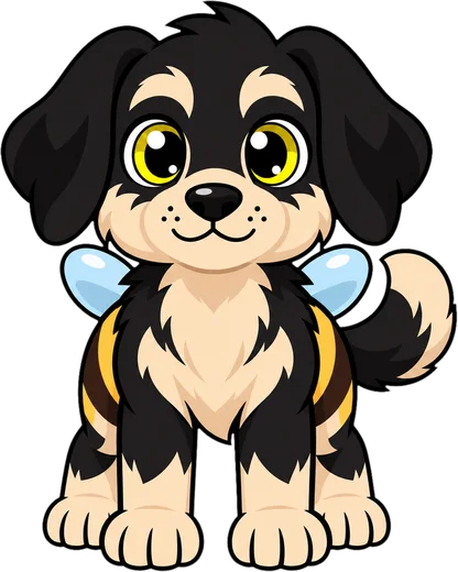 Buzzpup, a puppy creature with bee stripes and wings